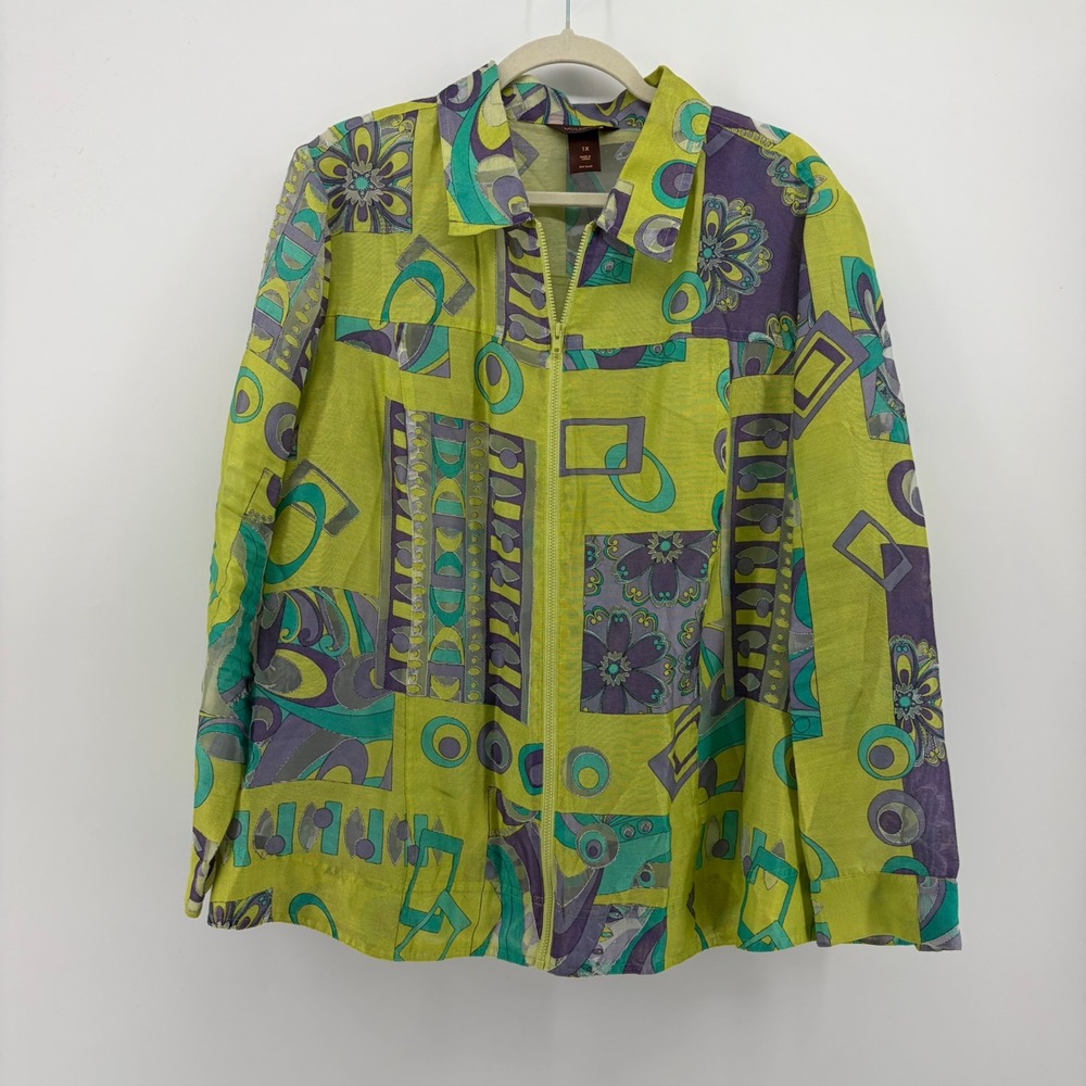 Multiples Womens 1X Green Purple Abstract Zip Up Lightweight Burnout Jacket